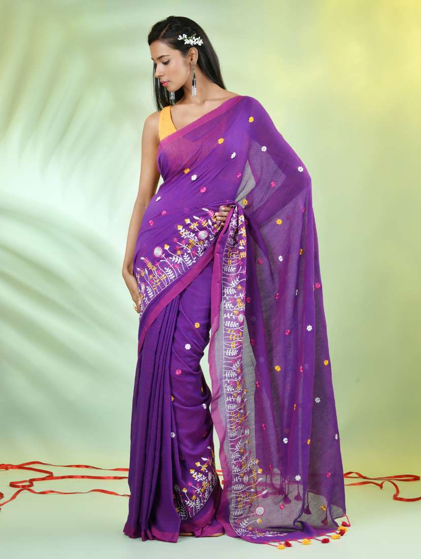 women purple embroidered saree with blouse - 21839595 -  Standard Image - 1