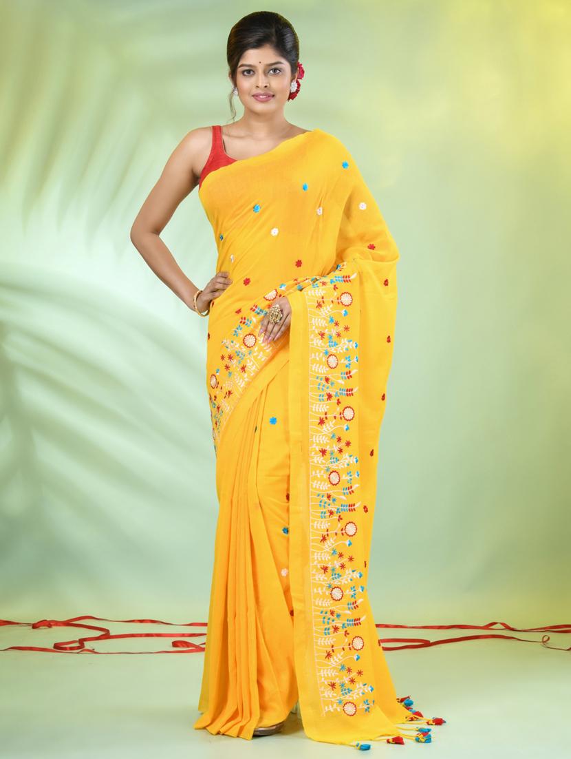 women yellow embroidered saree with blouse
