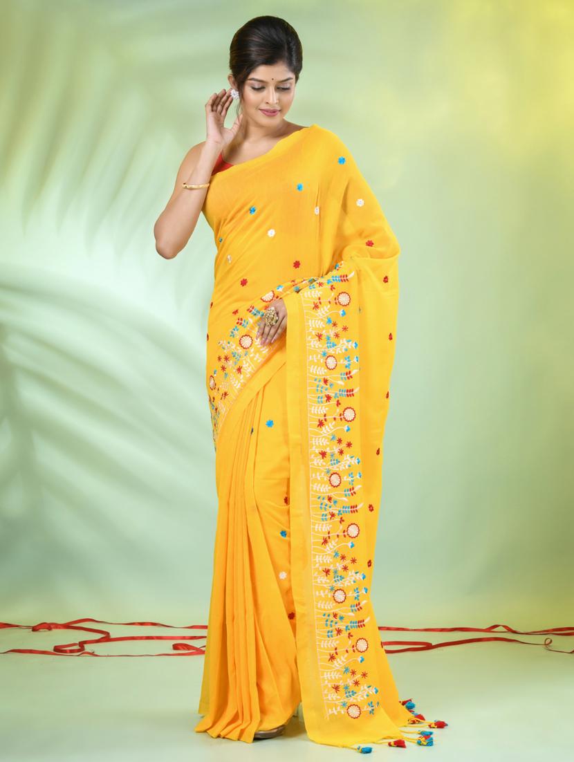 women yellow embroidered saree with blouse - 21839596 -  Standard Image - 1