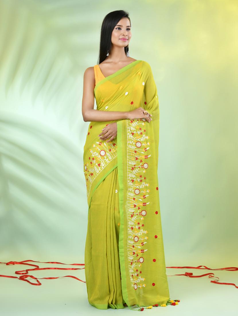 women lime embroidered saree with blouse - 21839597 -  Standard Image - 1