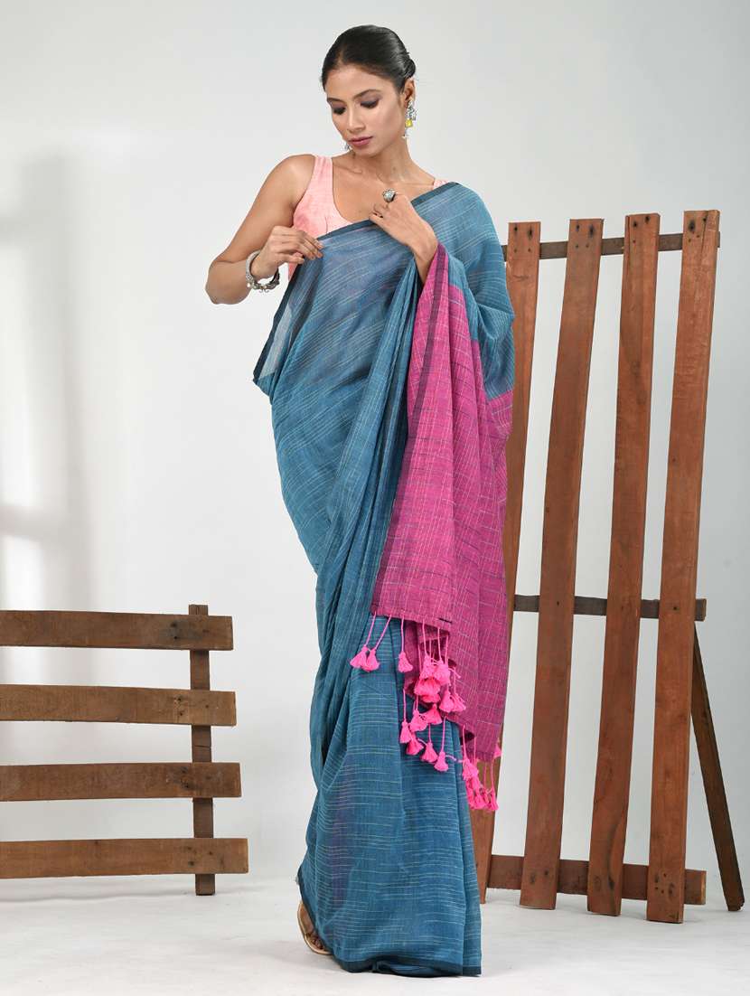 women blue handloom saree with blouse - 21839774 -  Standard Image - 1