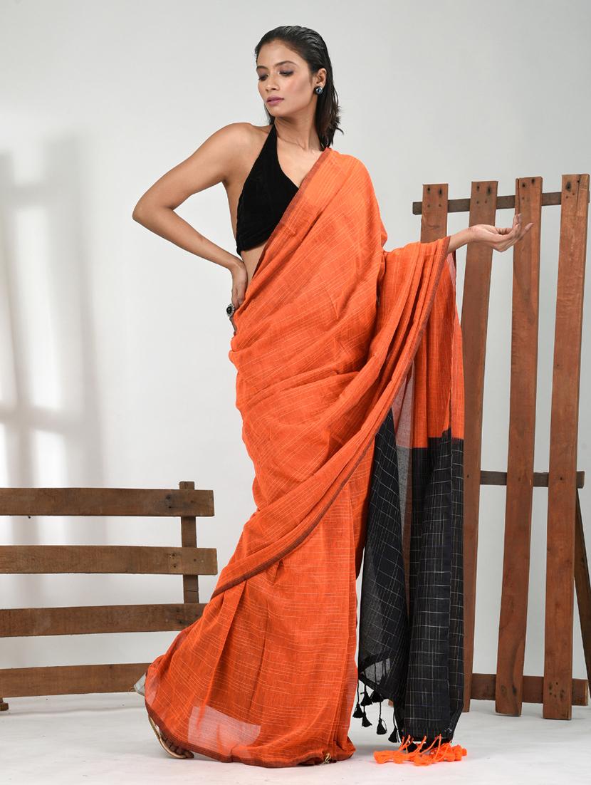 women orange handloom saree with blouse - 21839775 -  Standard Image - 1