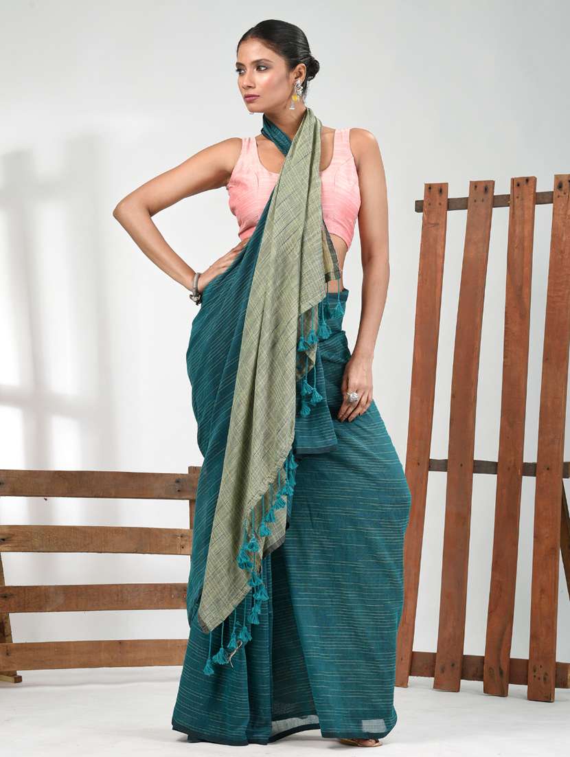 women teal handloom saree with blouse - 21839776 - Standard Image - 1