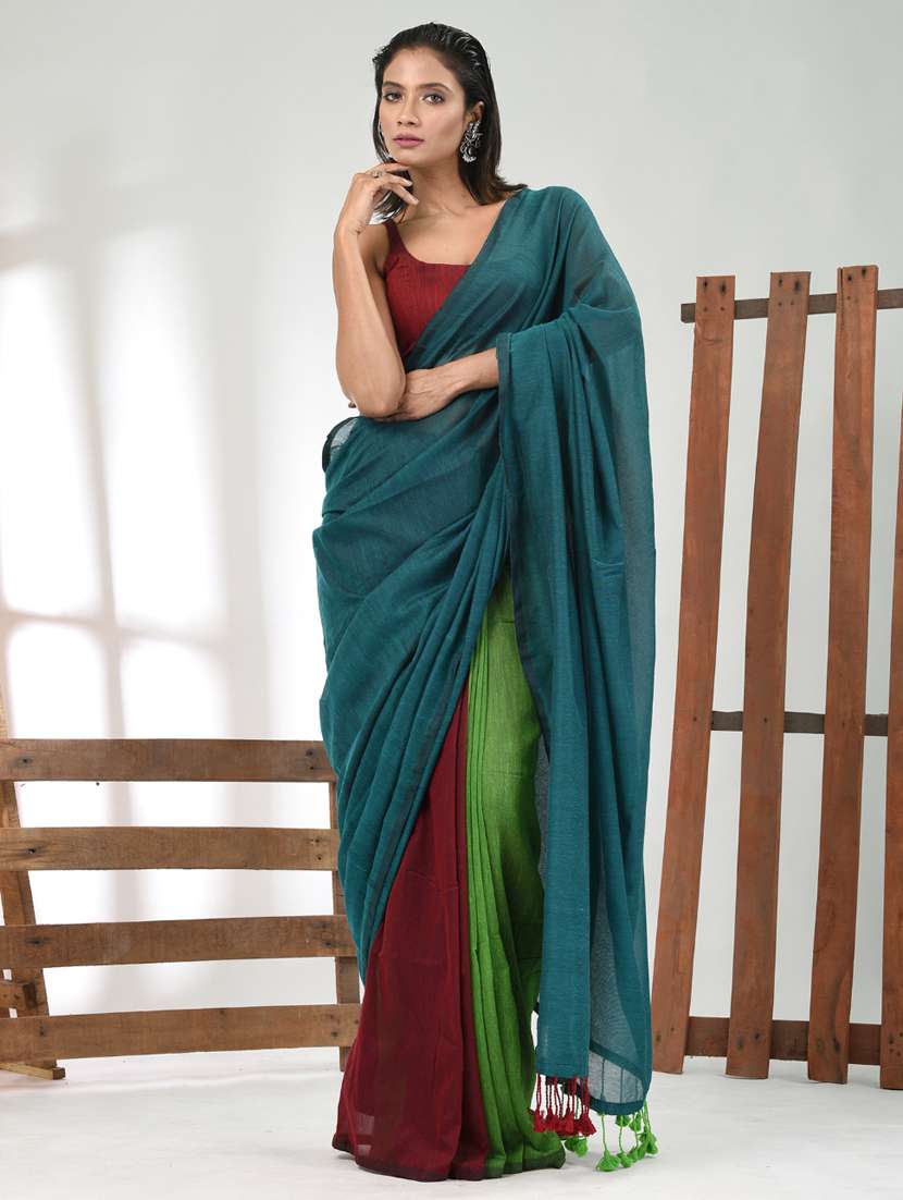 women teal handloom saree with blouse - 21839784 -  Standard Image - 1