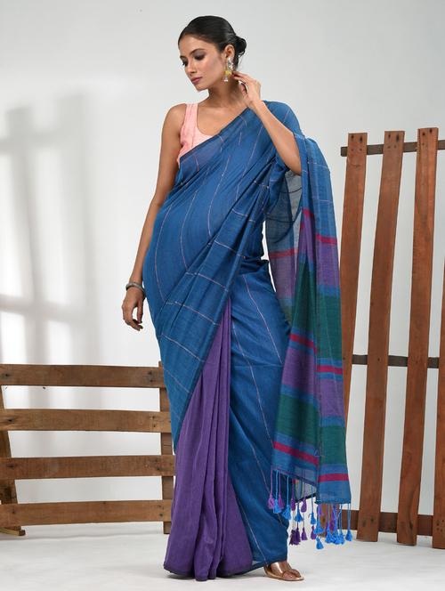 women blue handloom saree with blouse - 21839794 - Standard Image - 0