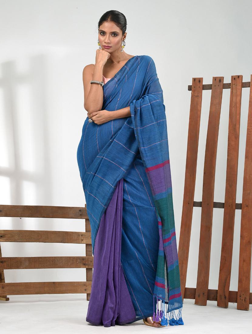 women blue handloom saree with blouse - 21839794 - Standard Image - 1