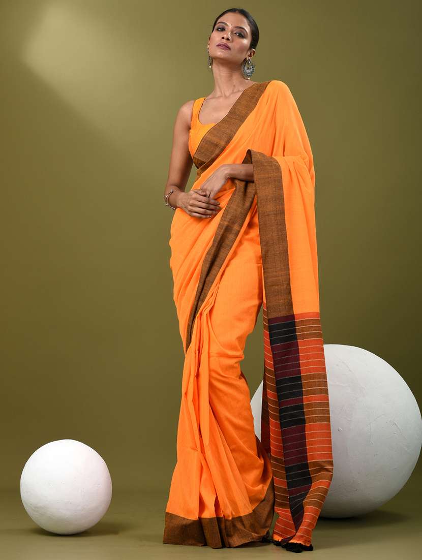 women orange handloom saree with blouse - 21839810 -  Standard Image - 1