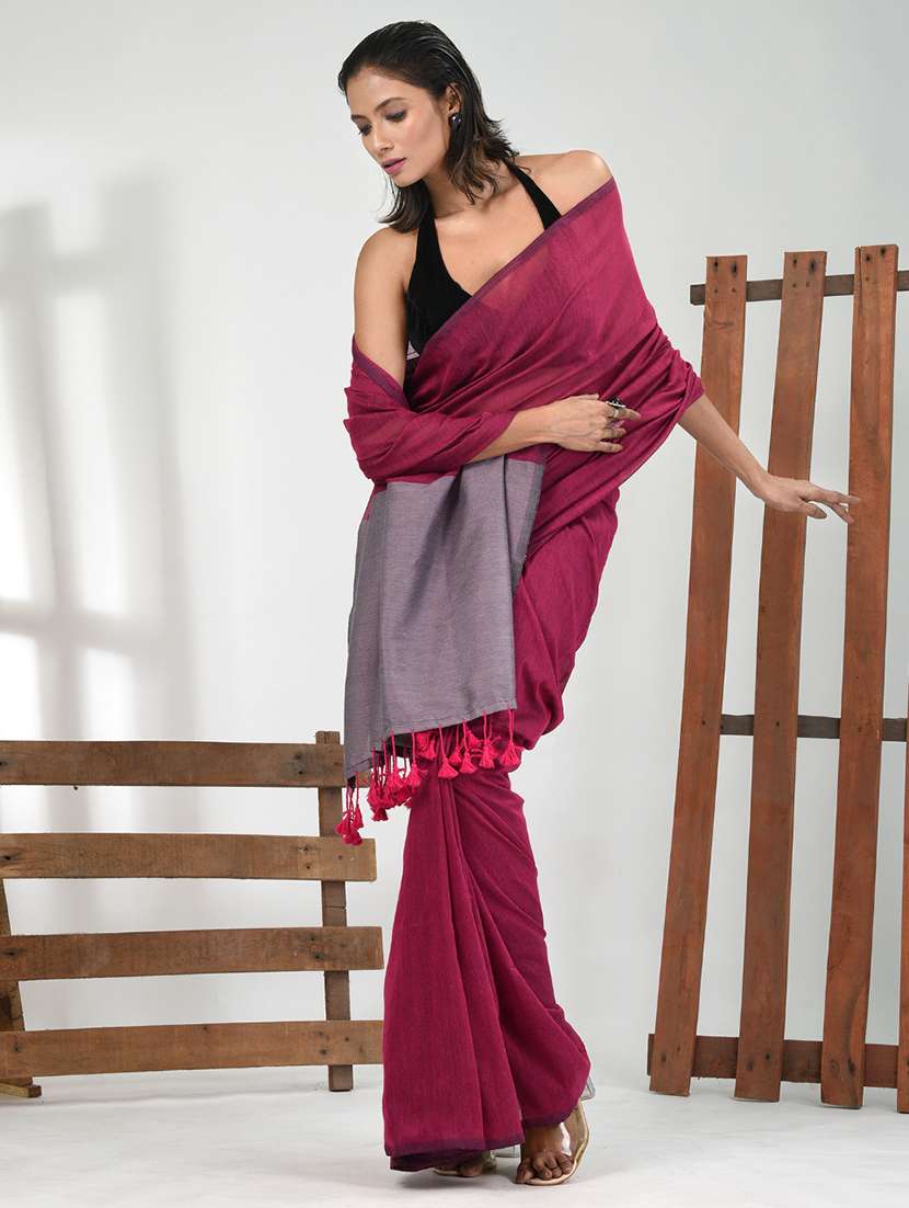 women solid handloom saree with blouse - 21839813 -  Standard Image - 1