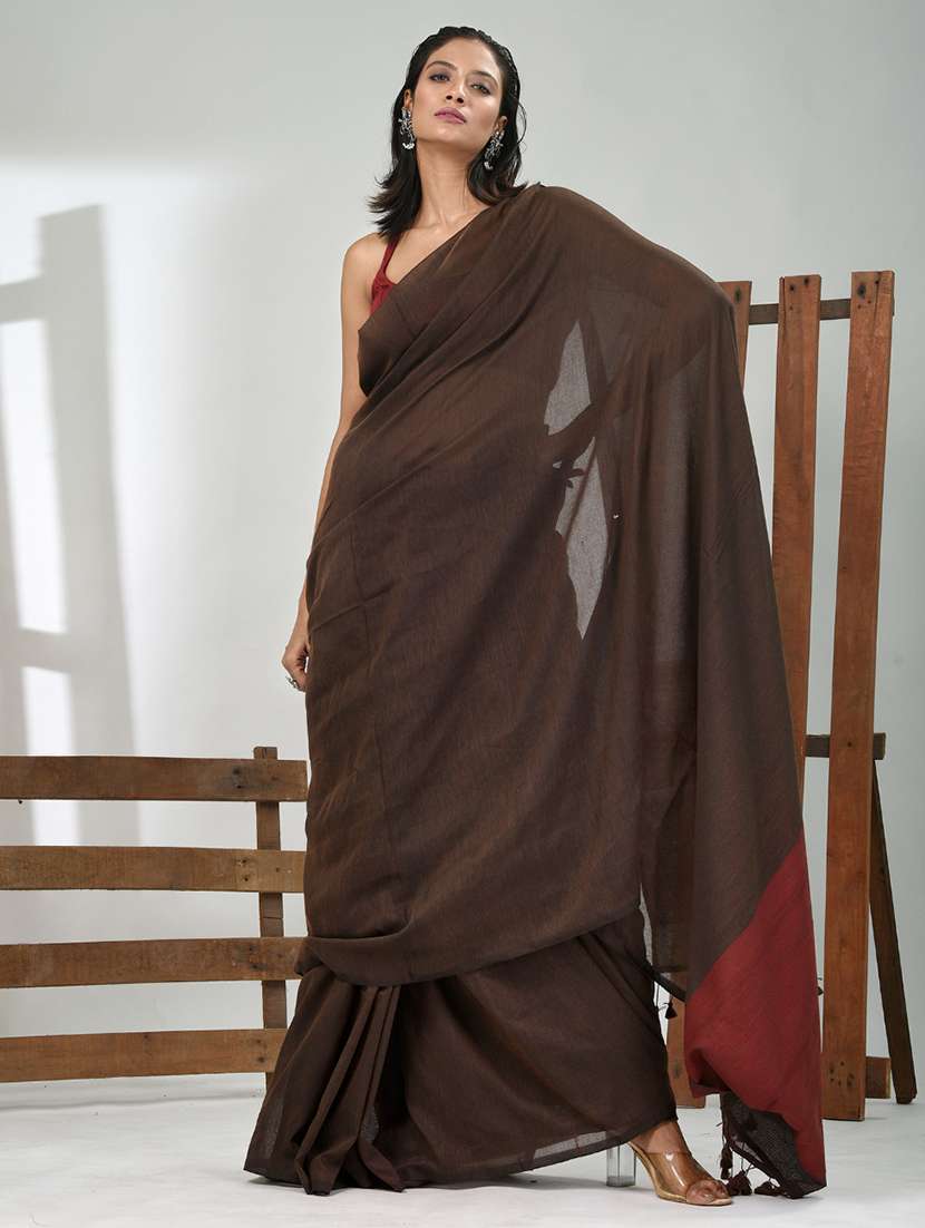 women solid handloom saree with blouse - 21839817 -  Standard Image - 1
