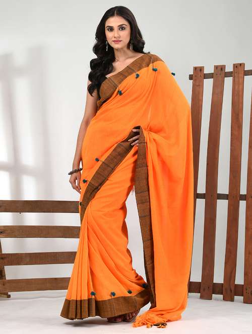 women orange handloom saree with blouse - 21839847 - Standard Image - 0