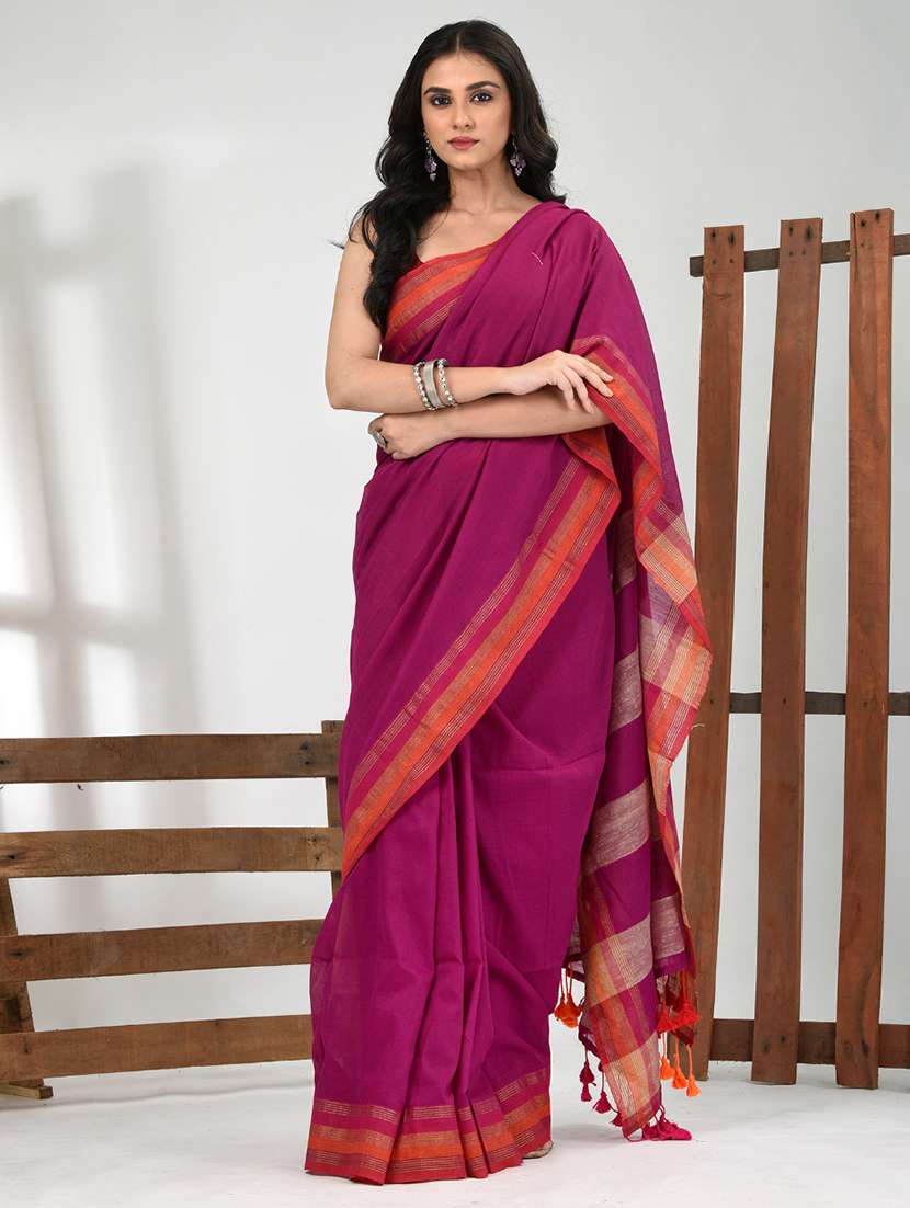 women solid handloom saree with blouse - 21839856 -  Standard Image - 1