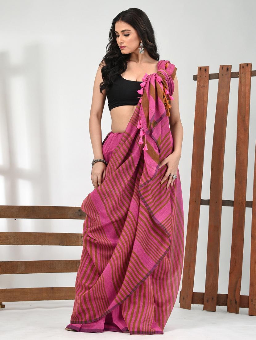 women striped handloom saree with blouse - 21839862 - Standard Image - 1