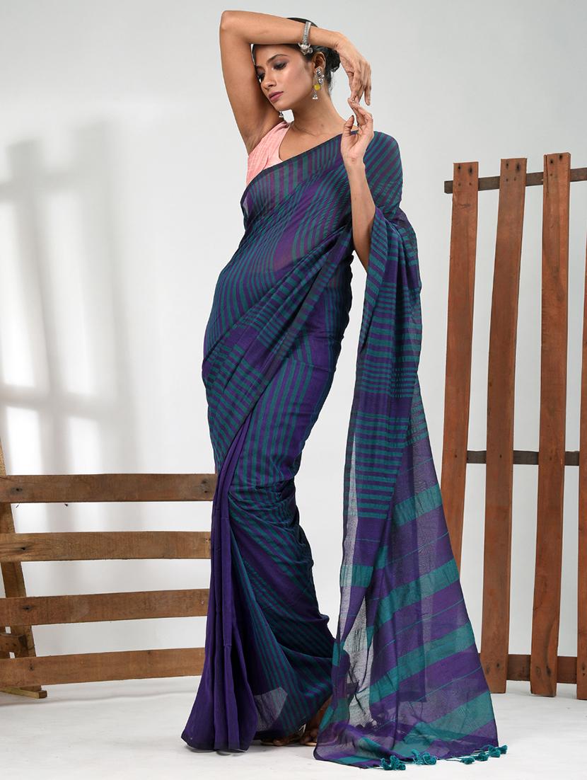 women striped handloom saree with blouse - 21839863 -  Standard Image - 1