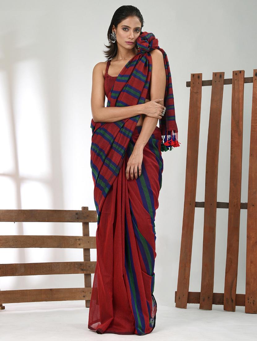 women striped handloom saree with blouse - 21839864 - Standard Image - 1
