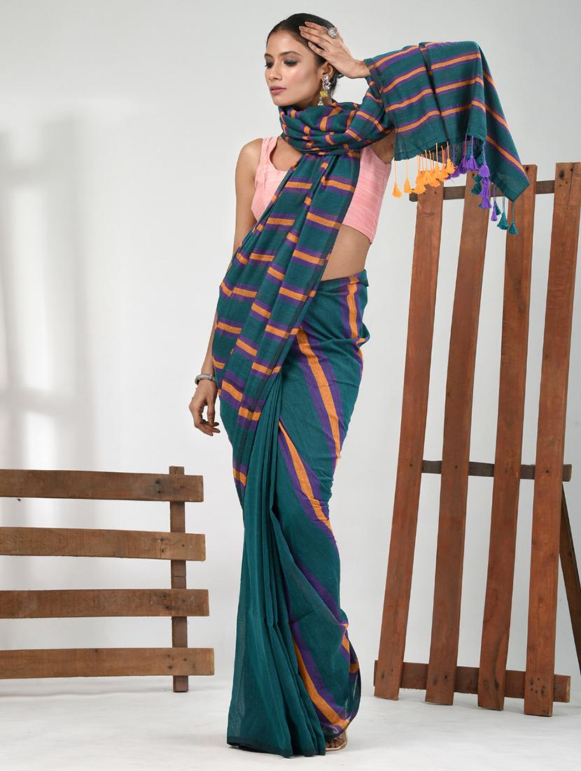 women striped handloom saree with blouse - 21839867 -  Standard Image - 1