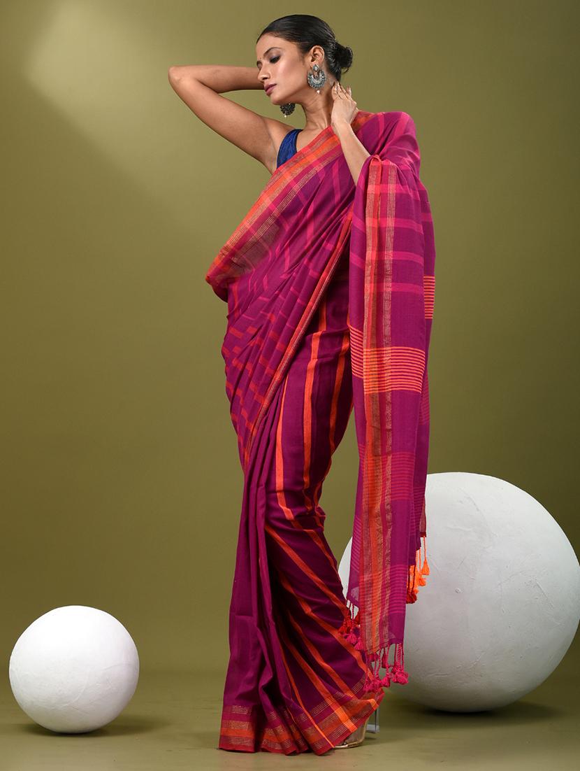 women striped handloom saree with blouse - 21839874 -  Standard Image - 1