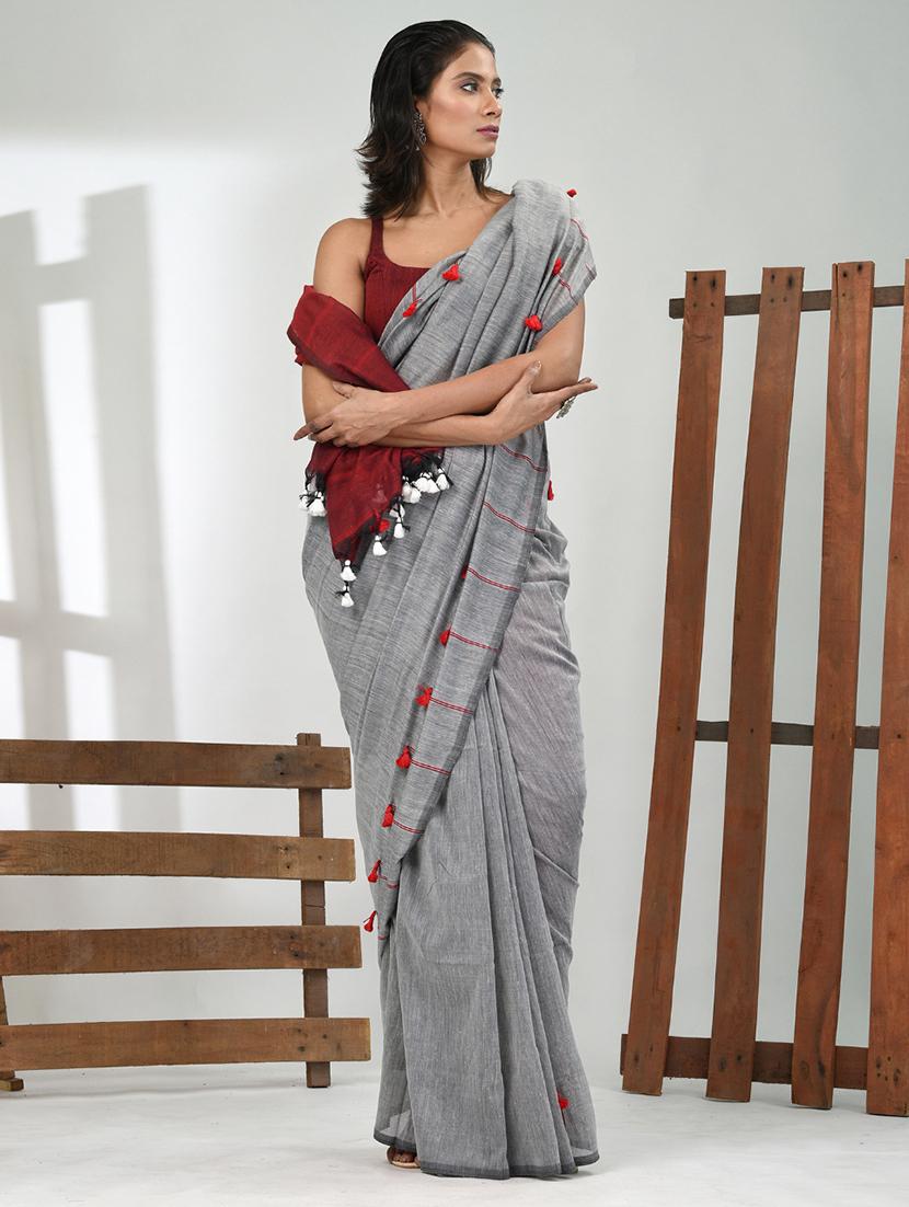 women grey handloom saree with blouse - 21839875 - Standard Image - 1