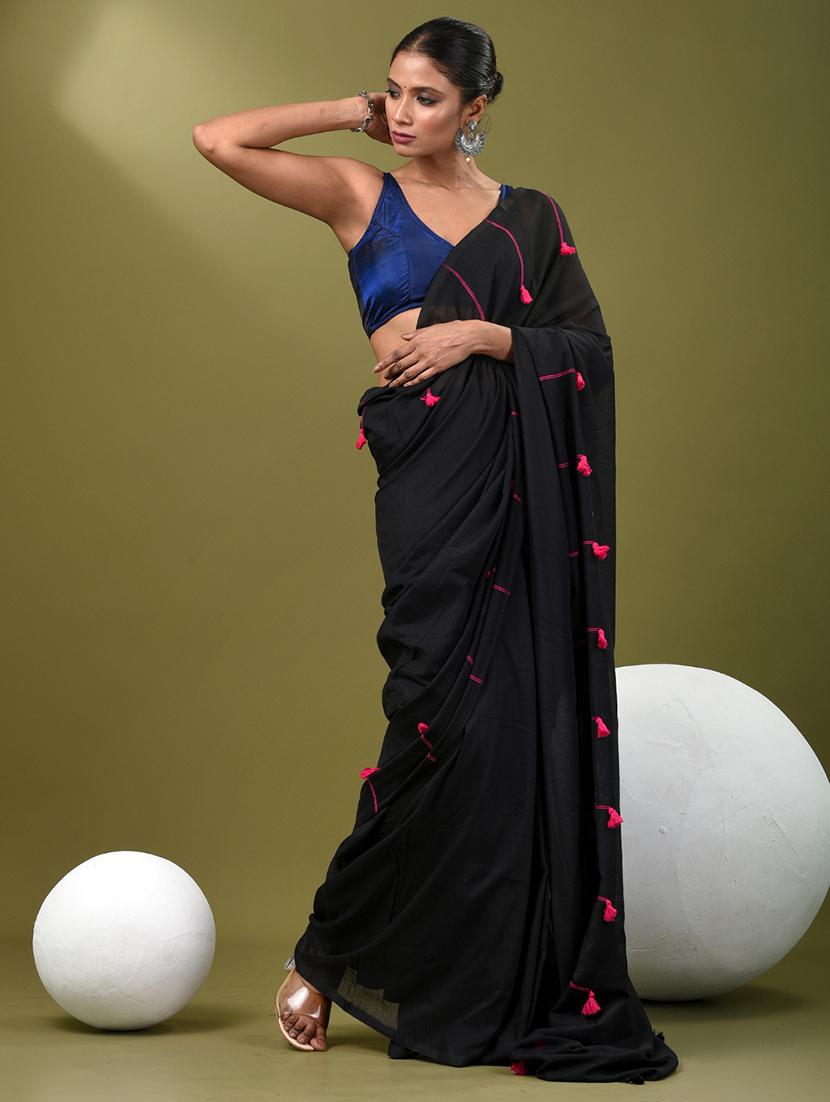 women black handloom saree with blouse - 21839878 - Standard Image - 1