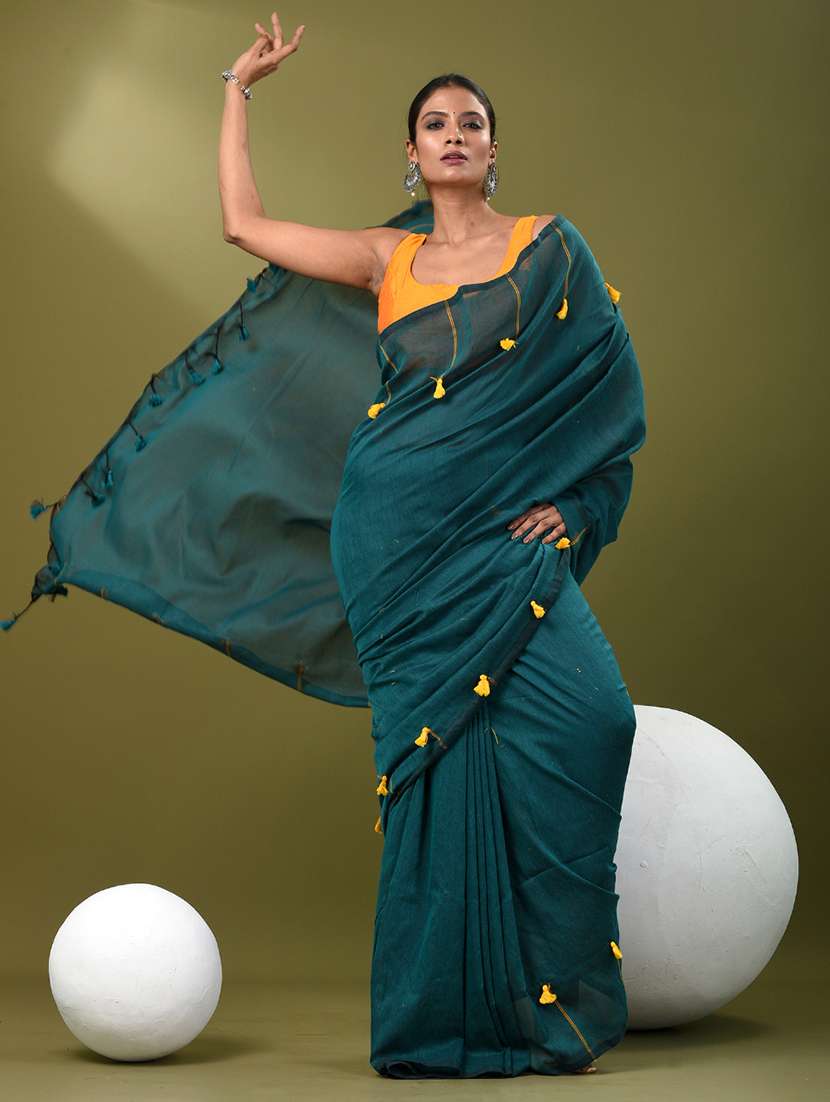women teal handloom saree with blouse - 21839880 -  Standard Image - 1