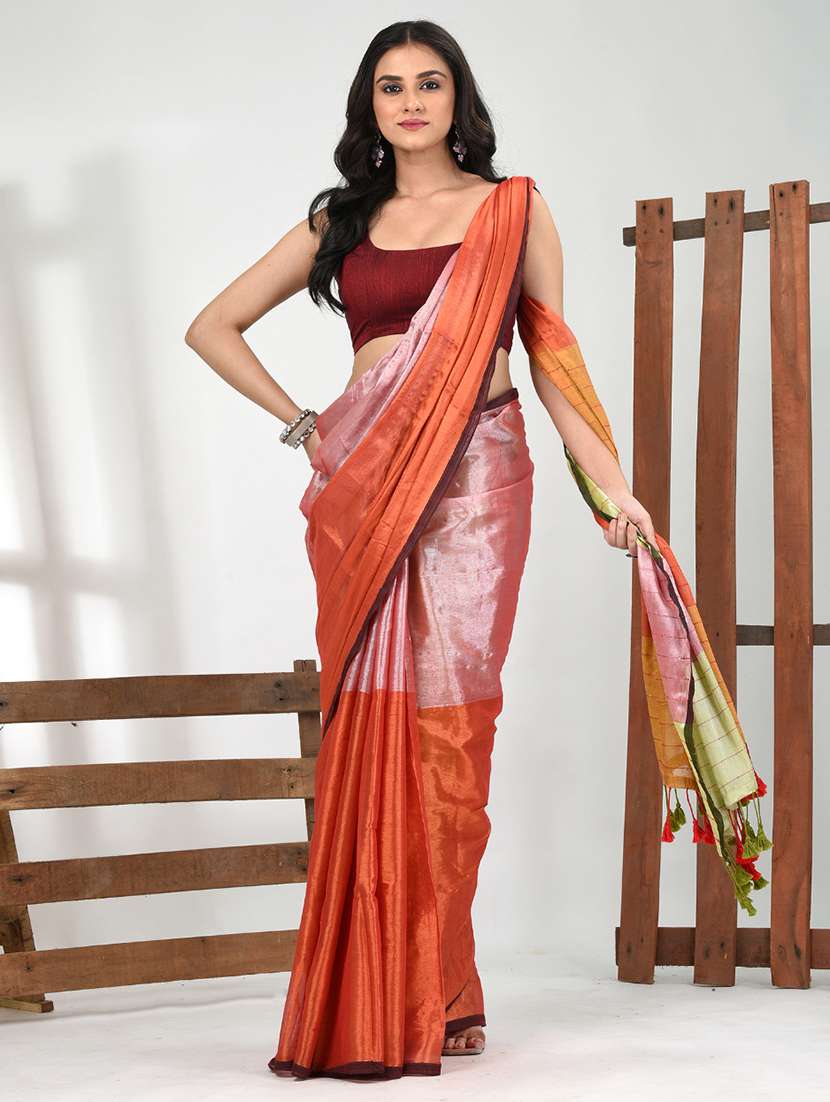 women pink handloom saree with blouse