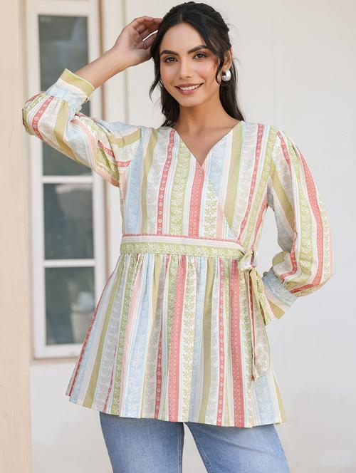 women printed puff sleeves peplum top - 21840070 -  Standard Image - 0