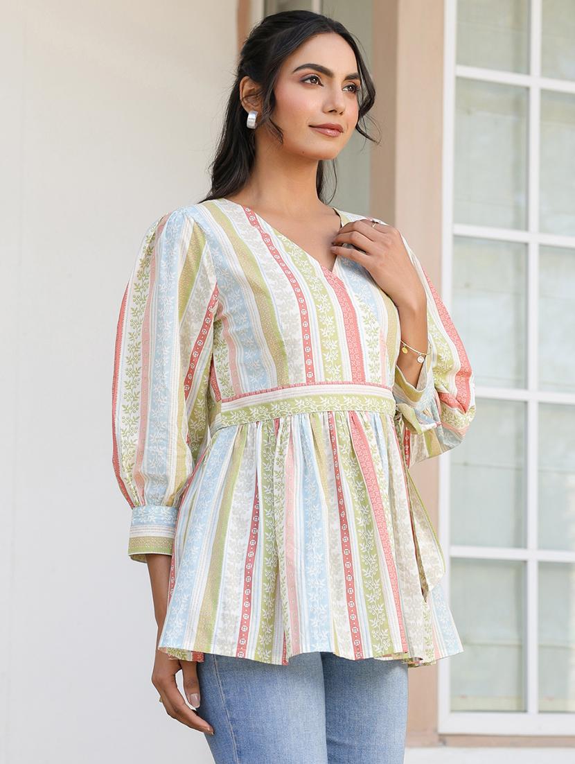 women printed puff sleeves peplum top - 21840070 -  Standard Image - 1