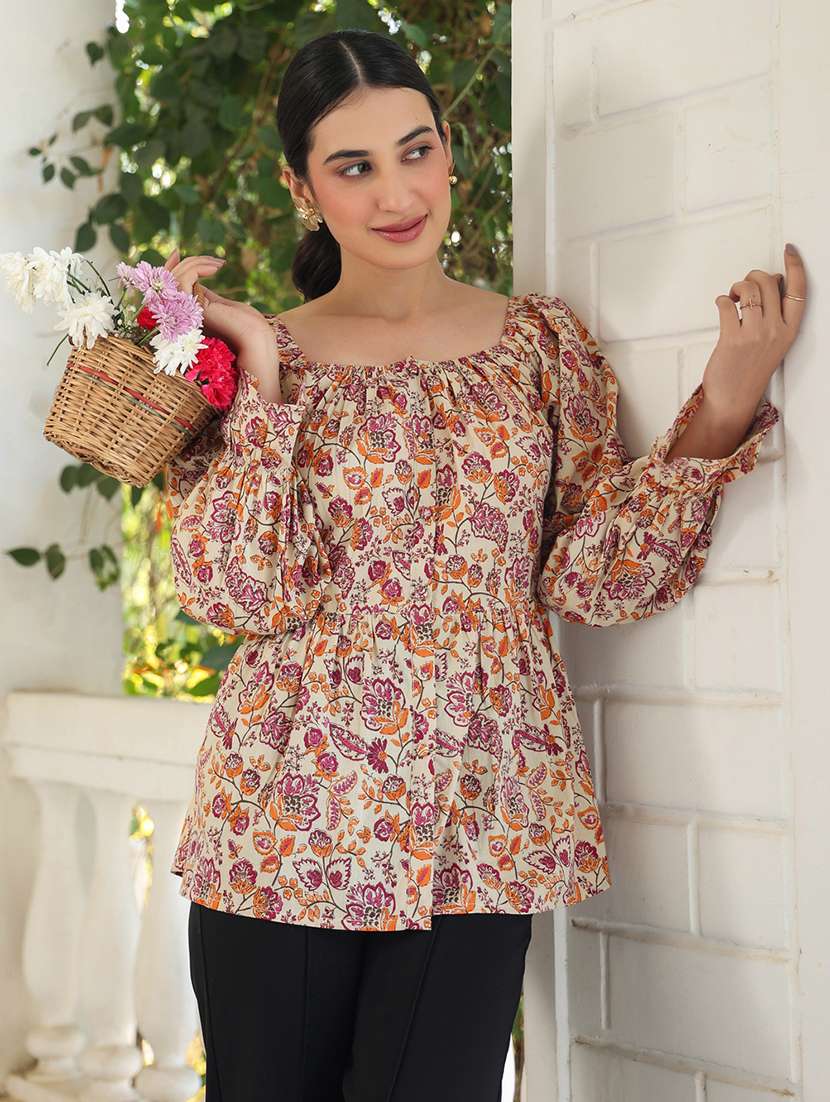 women printed puff sleeves peplum top - 21840079 -  Standard Image - 1