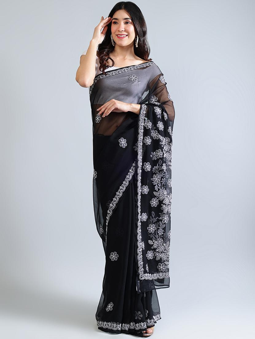 women black chikankari work saree with blouse - 21840091 - Standard Image - 1