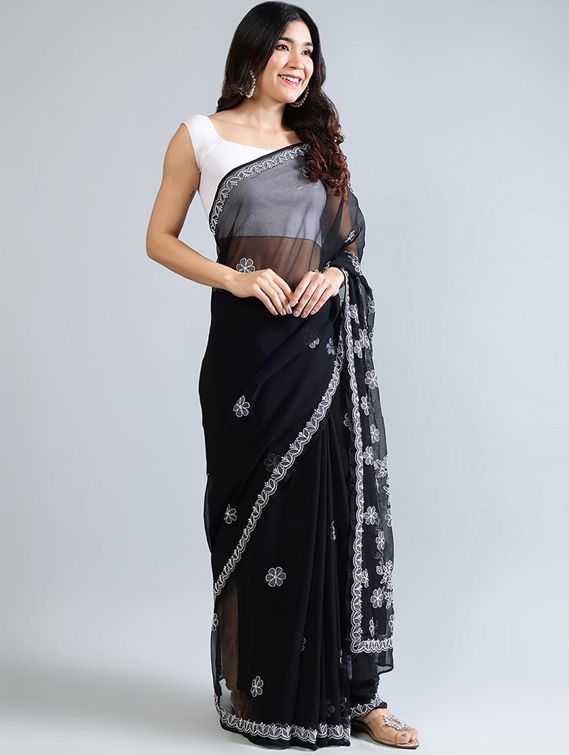 women black chikankari work saree with blouse - 21840091 - Standard Image - 4