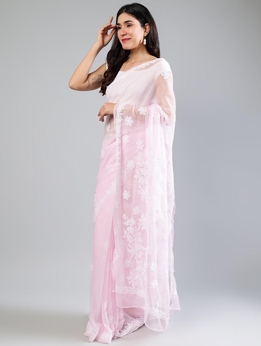 women rosewater chikankari work saree with blouse - 21840093 - Standard Image - 1