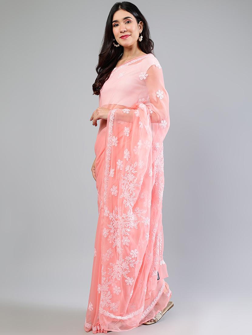 women peach chikankari work saree with blouse - 21840094 - Standard Image - 1