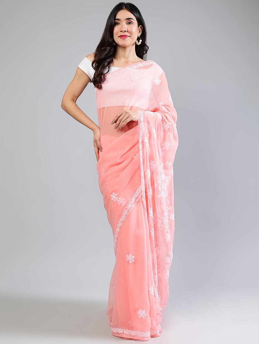 women peach chikankari work saree with blouse - 21840094 - Standard Image - 4