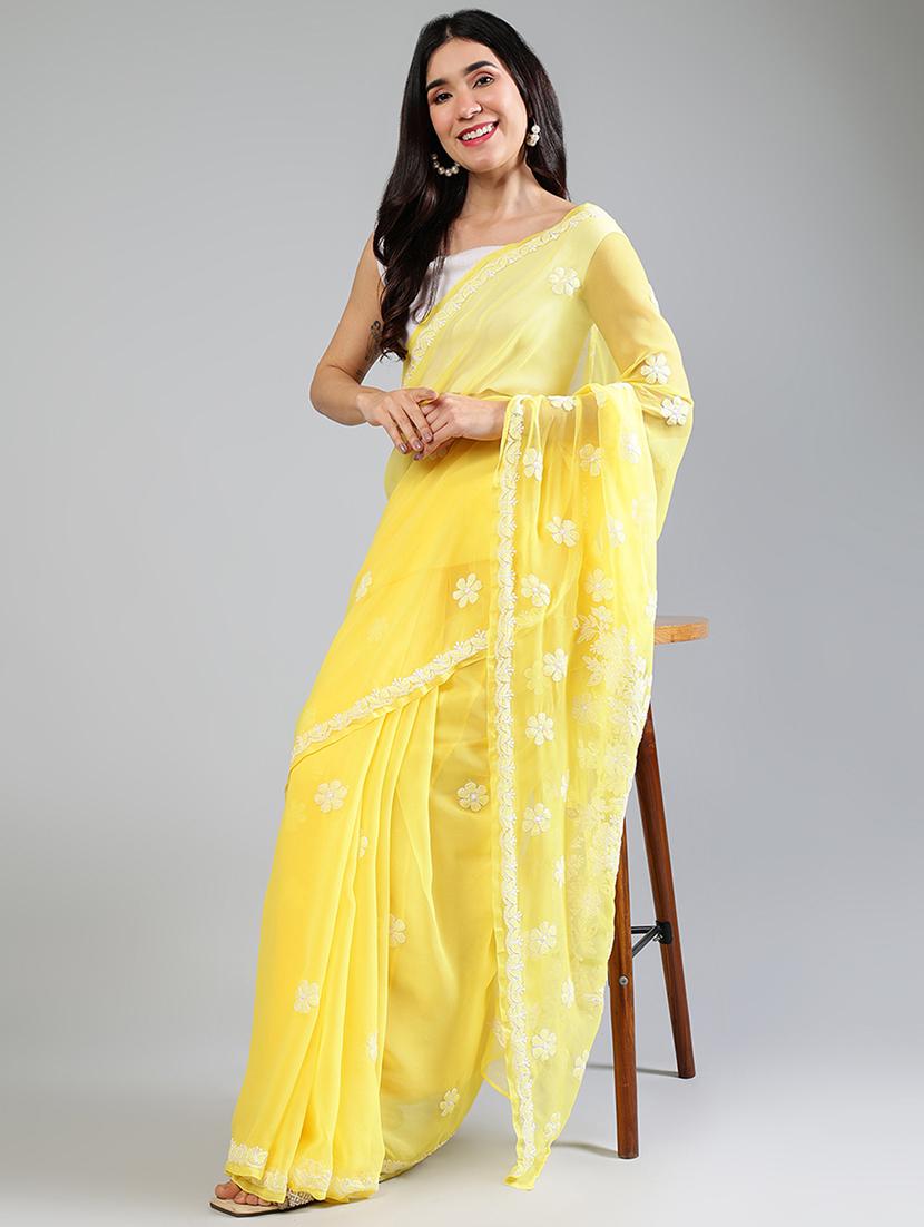 women yellow chikankari work saree with blouse - 21840095 -  Zoom Image - 0