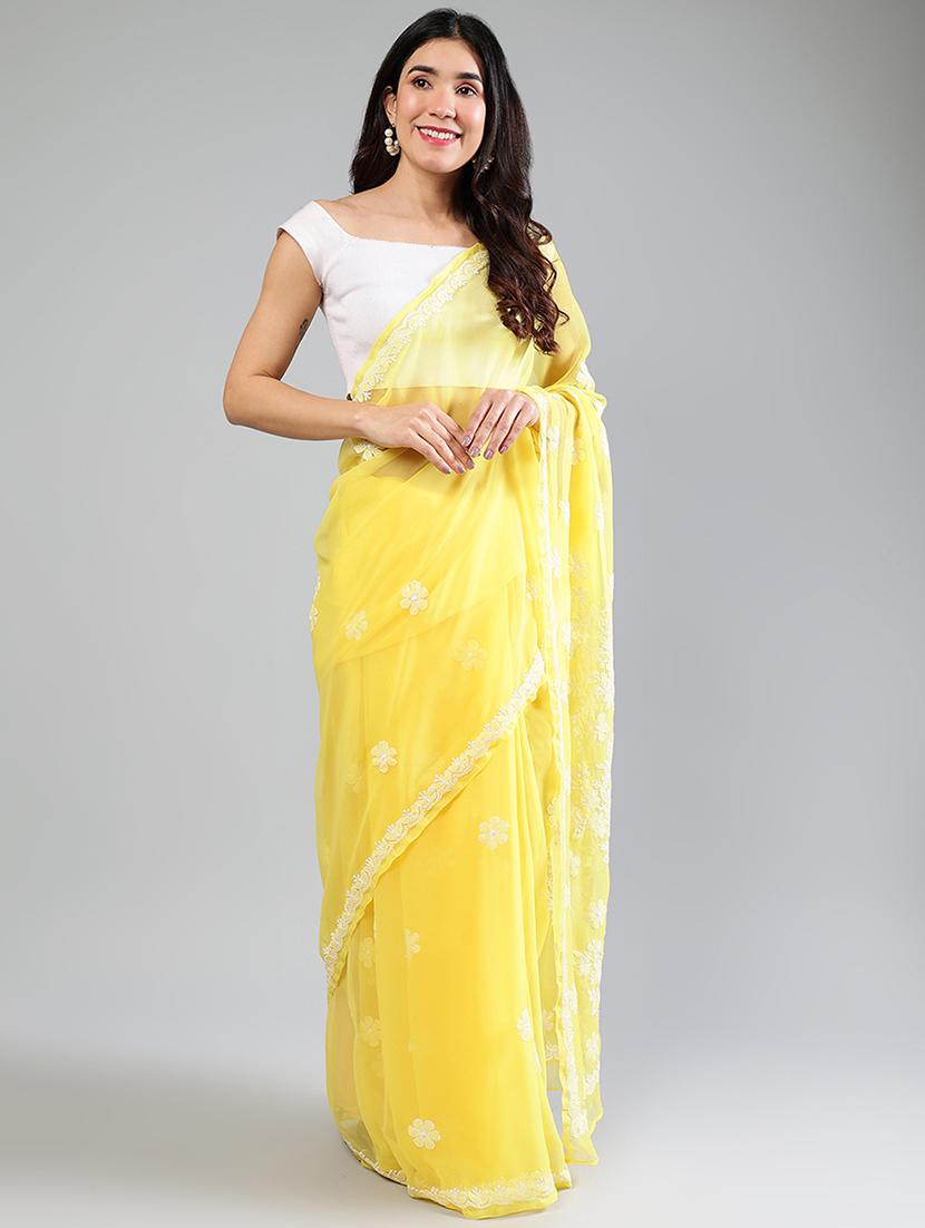 women yellow chikankari work saree with blouse - 21840095 -  Standard Image - 1
