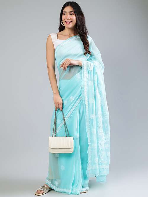 women light blue chikankari work saree with blouse - 21840097 -  Standard Image - 0
