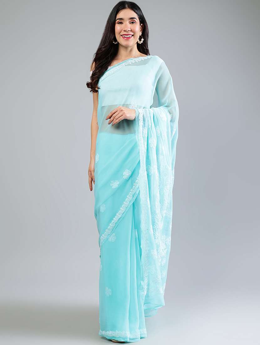 women light blue chikankari work saree with blouse - 21840097 -  Standard Image - 1