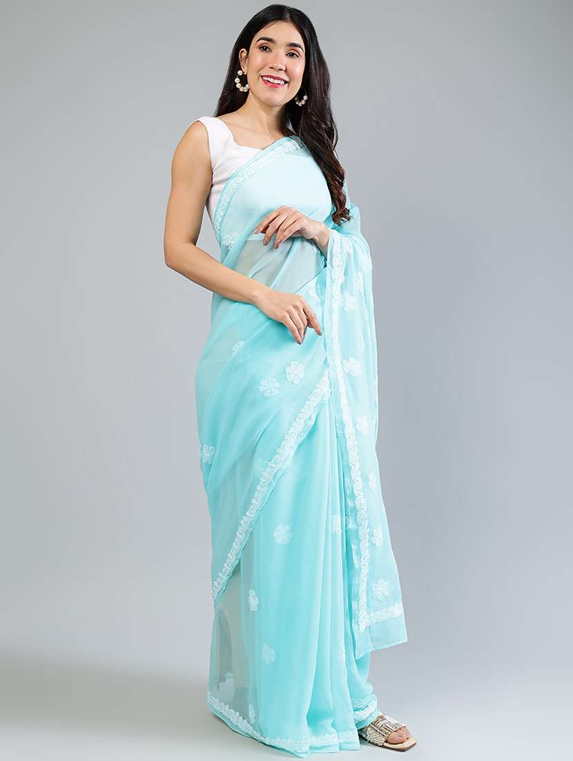 women light blue chikankari work saree with blouse - 21840097 - Standard Image - 4