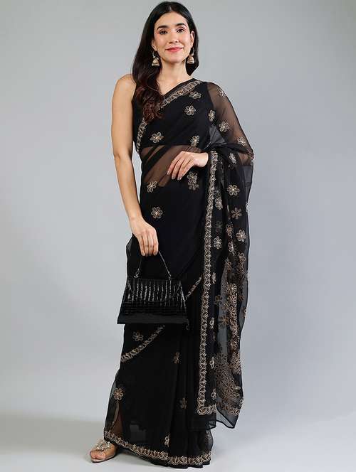 women black chikankari work saree with blouse - 21840098 - Standard Image - 0