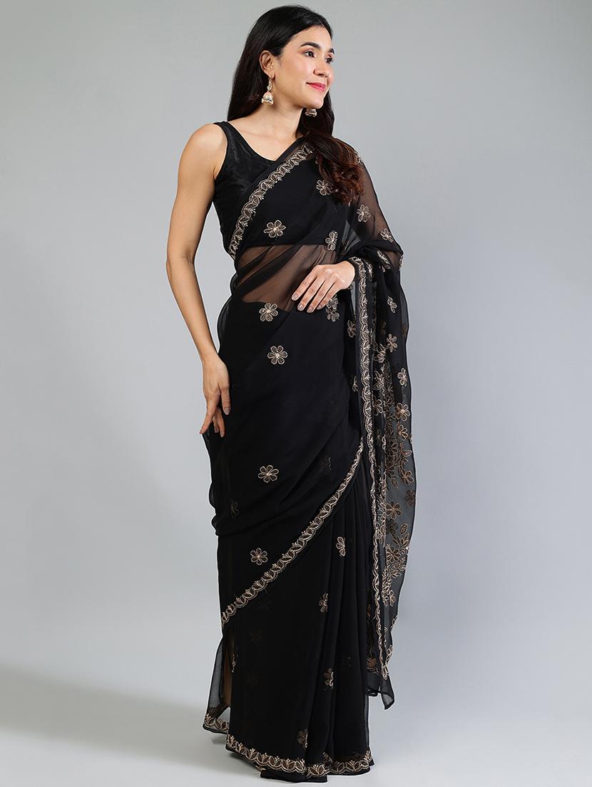 women black chikankari work saree with blouse - 21840098 - Standard Image - 4