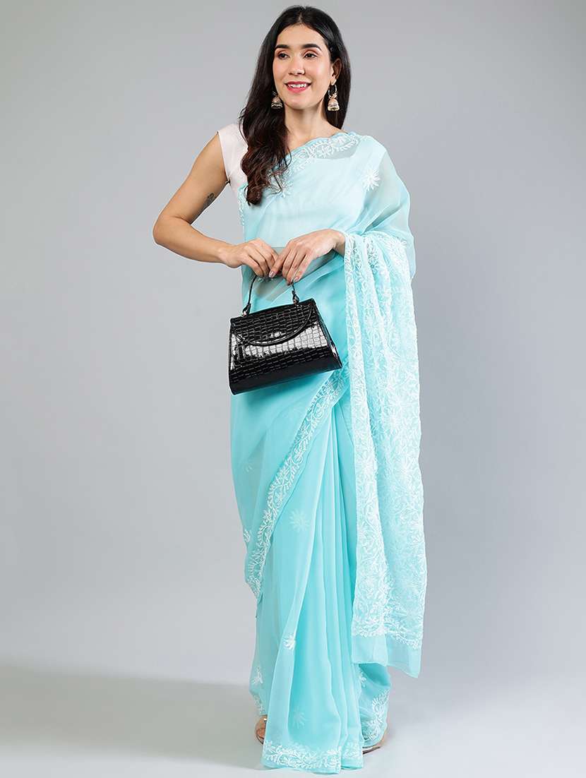 women light blue chikankari work saree with blouse