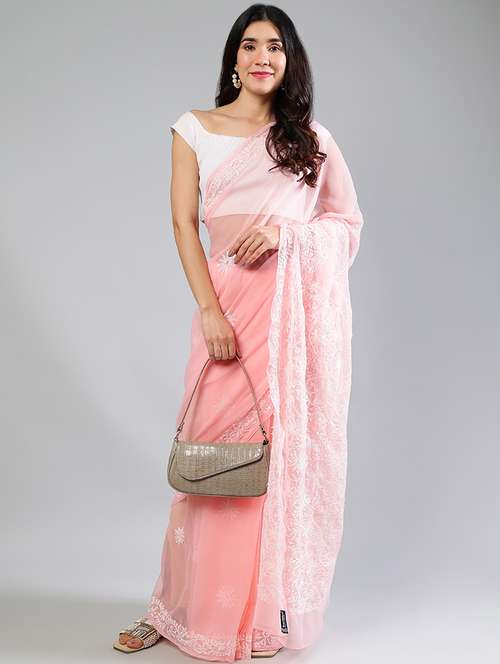 women peach chikankari work saree with blouse - 21840102 - Standard Image - 0