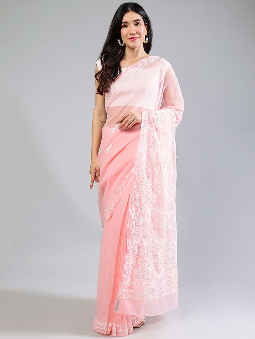 women peach chikankari work saree with blouse - 21840102 - Standard Image - 1