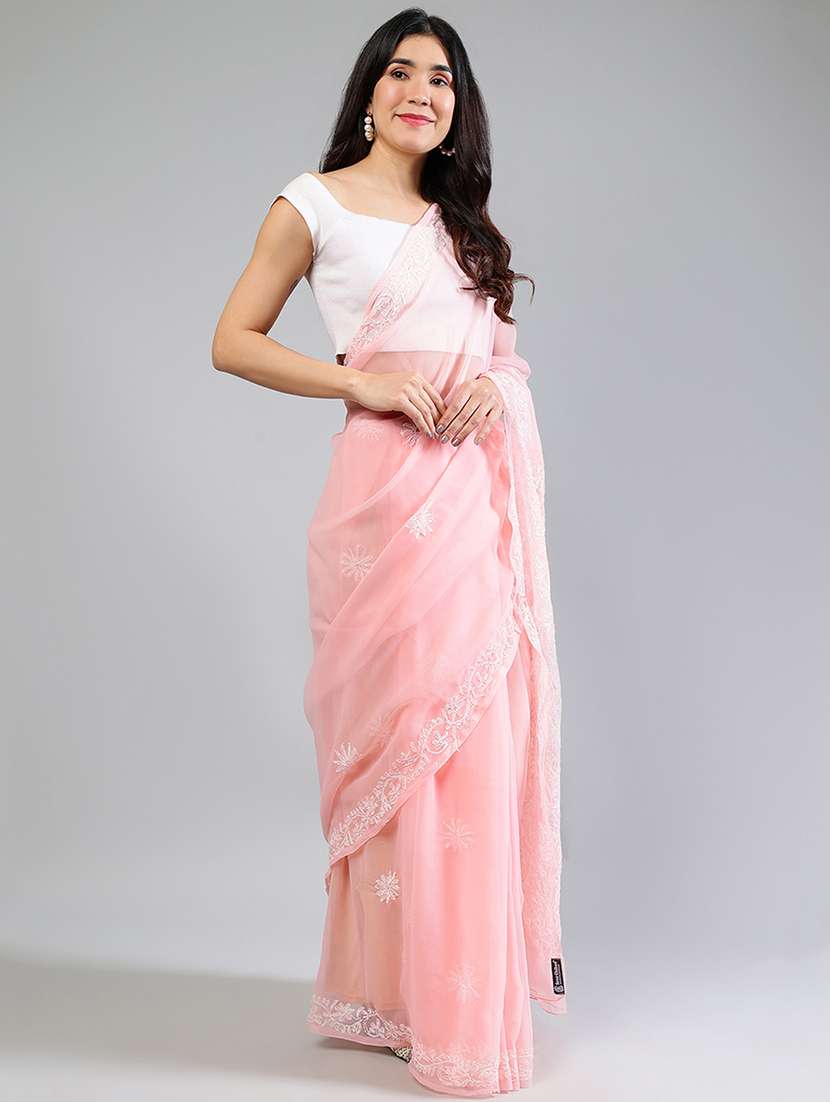 women peach chikankari work saree with blouse - 21840102 - Standard Image - 4