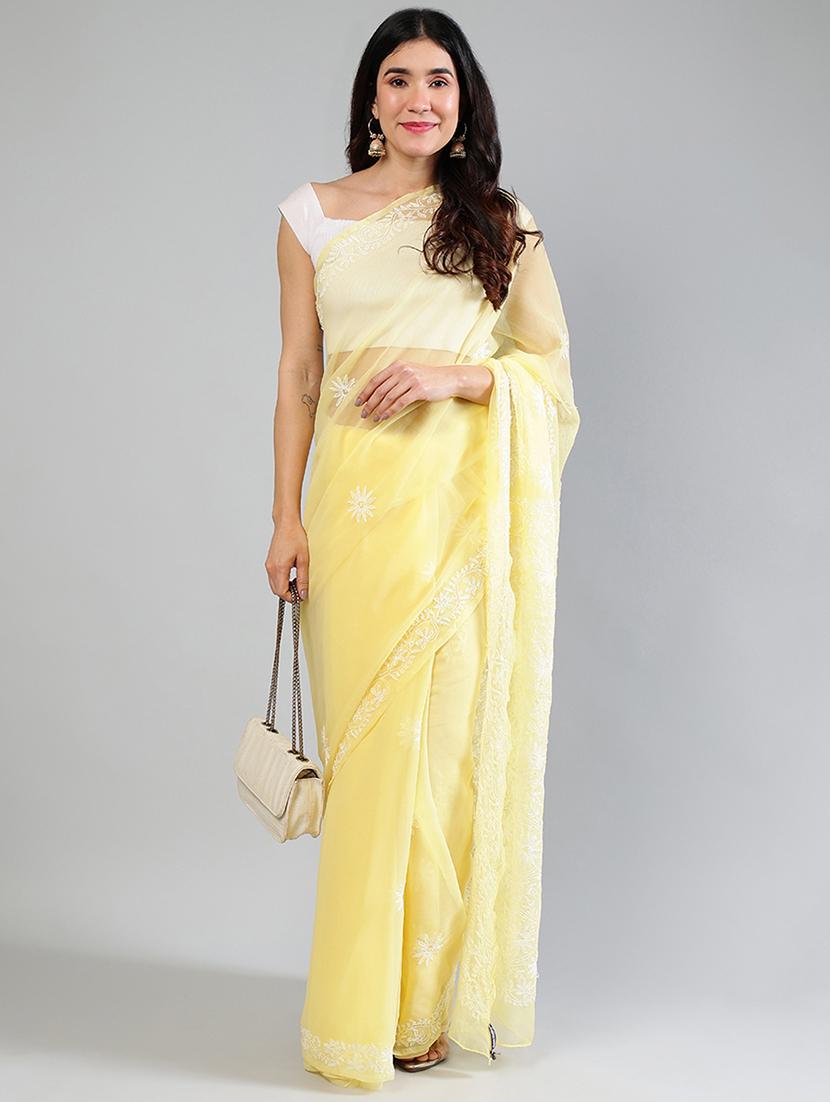 women yellow chikankari work saree with blouse - 21840103 - Zoom Image - 0