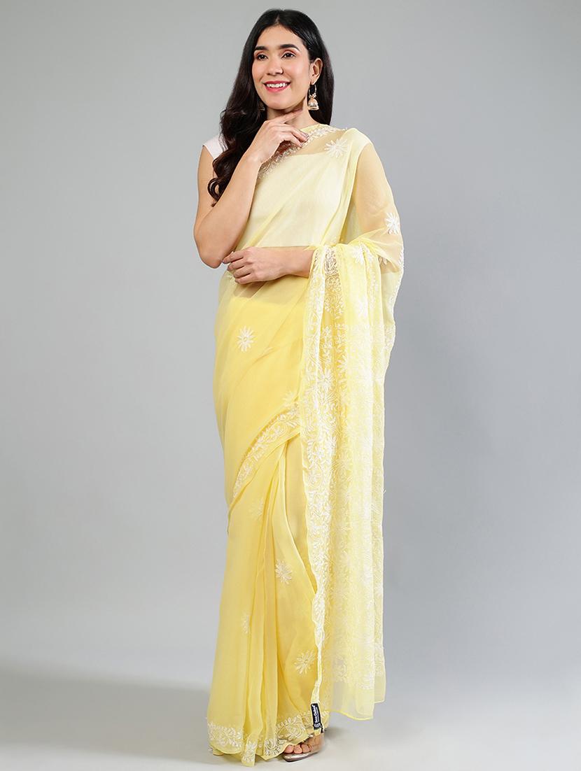 women yellow chikankari work saree with blouse - 21840103 -  Standard Image - 1