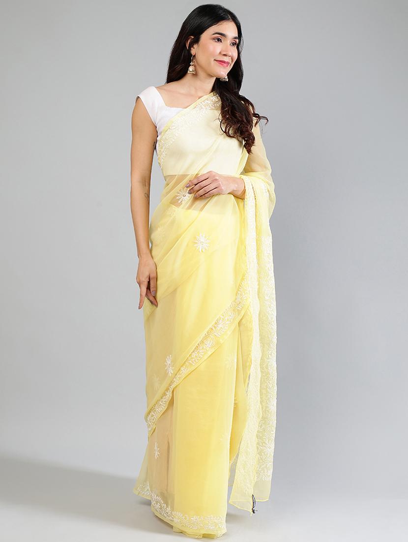 women yellow chikankari work saree with blouse - 21840103 - Standard Image - 4