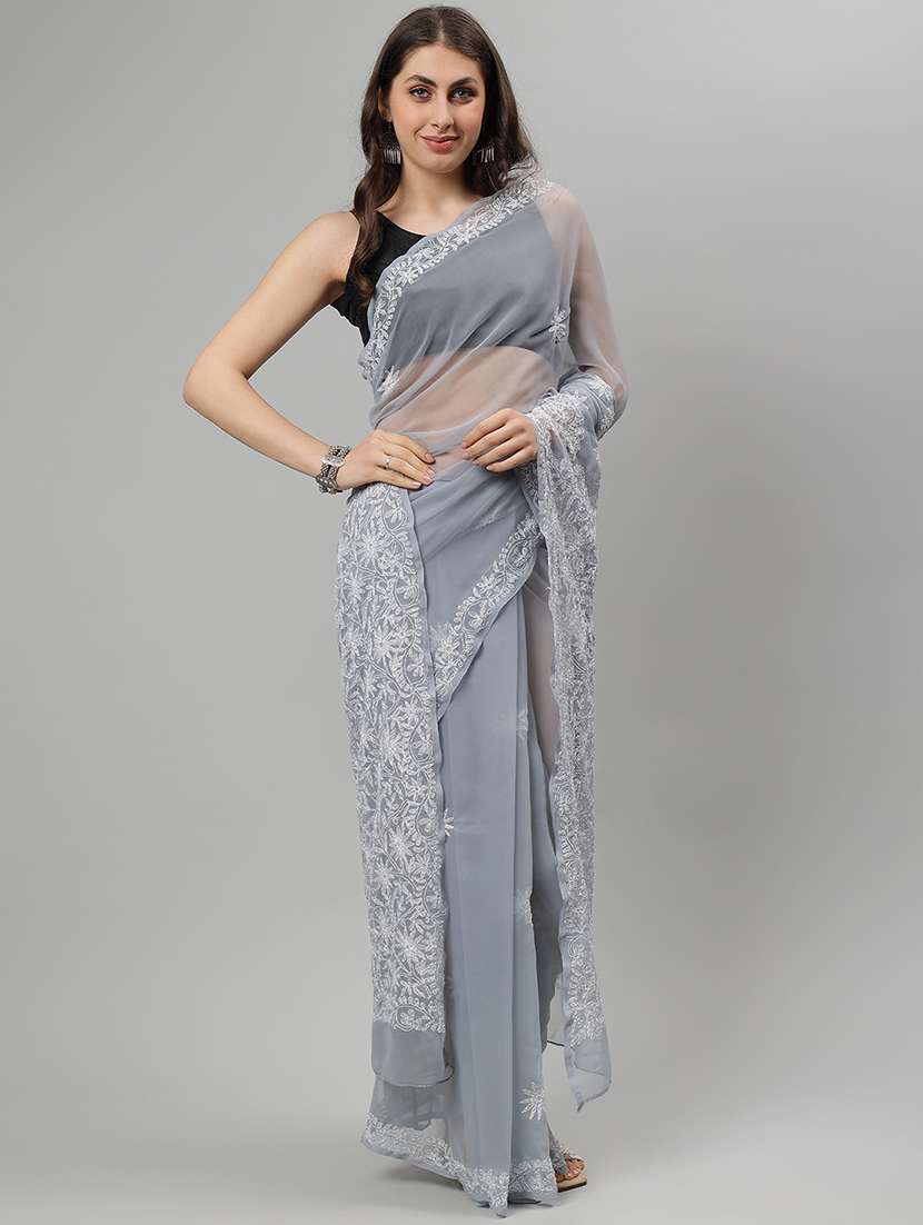 women grey chikankari work saree with blouse