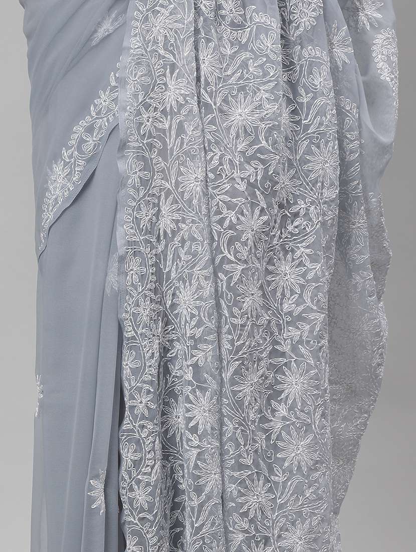 women grey chikankari work saree with blouse - 21840104 - Standard Image - 4