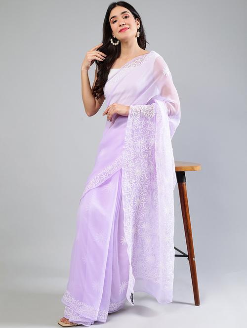 women lavender chikankari work saree with blouse - 21840105 - Standard Image - 0