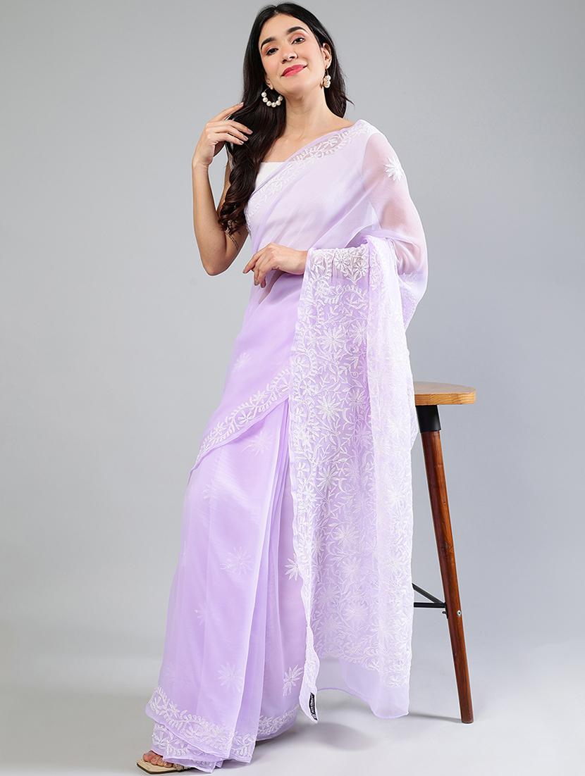 women lavender chikankari work saree with blouse - 21840105 - Zoom Image - 0